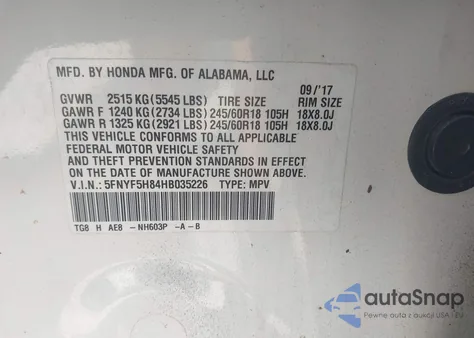 2017 Honda Pilot Ex-L z USA, uszkodzony, nr VIN 5FNYF5H84HB035226